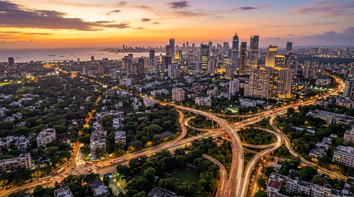 Aerial view of Indian metropolitan city skyline over urban tree canopy at golden sunset