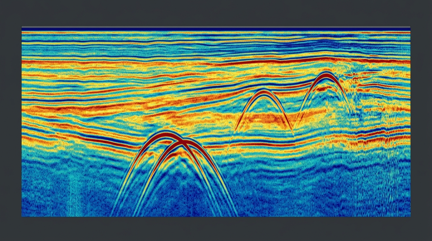 Geophysical radargram scan data showing utility pipe reflections and soil strata
