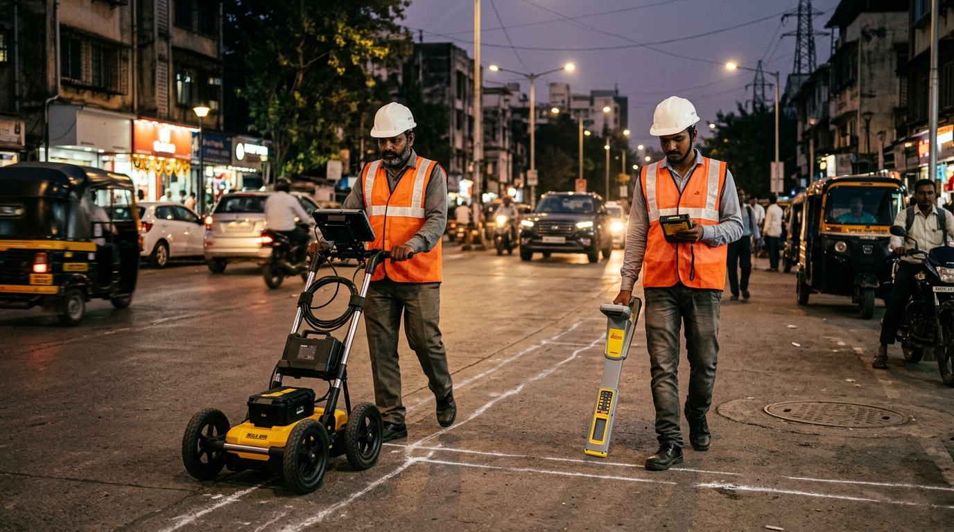 Field engineers operating GPR cart and electromagnetic detection wand