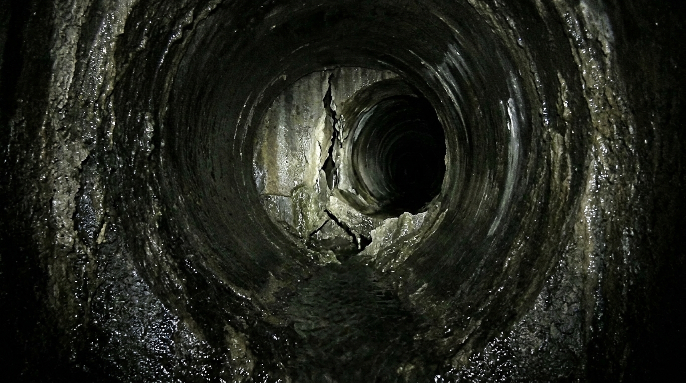 In-pipe optical camera perspective showing pipe fracture