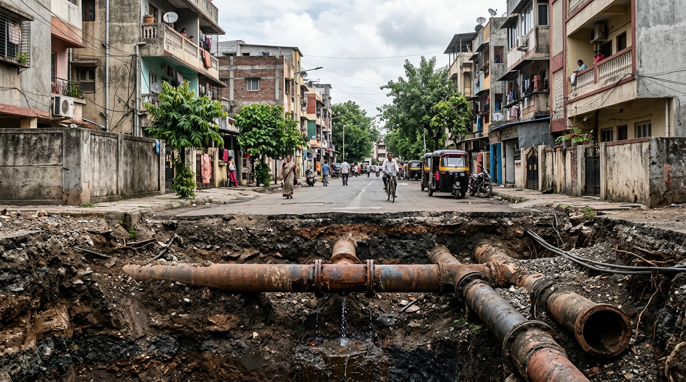 Cross section of Indian urban street and subterranean pipeline infrastructure